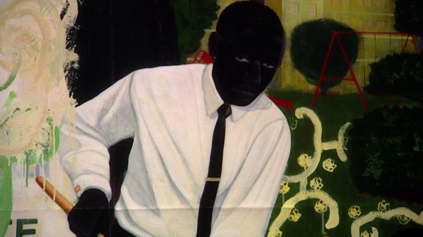 Kerry James Marshall. "Many Mansions," 1994. Acrylic and collage on unstretched canvas; 114 × 135 inches. Art Institute of Chicago, Max V. Kohnstamm Fund, 1995. Courtesy Jack Shainman Gallery, New York. Production still from the ART21 "Art in the Twenty-First Century" Season 1 episode, "Identity," 2001.