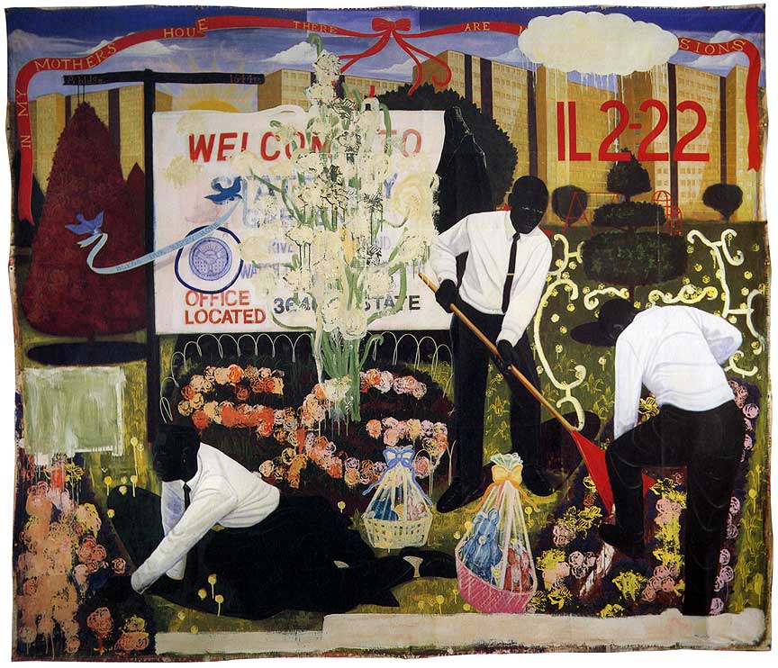 Kerry James Marshall. "Many Mansions," 1994. Acrylic and collage on unstretched canvas; 114 × 135 inches. Art Institute of Chicago, Max V. Kohnstamm Fund, 1995. Courtesy Jack Shainman Gallery, New York.