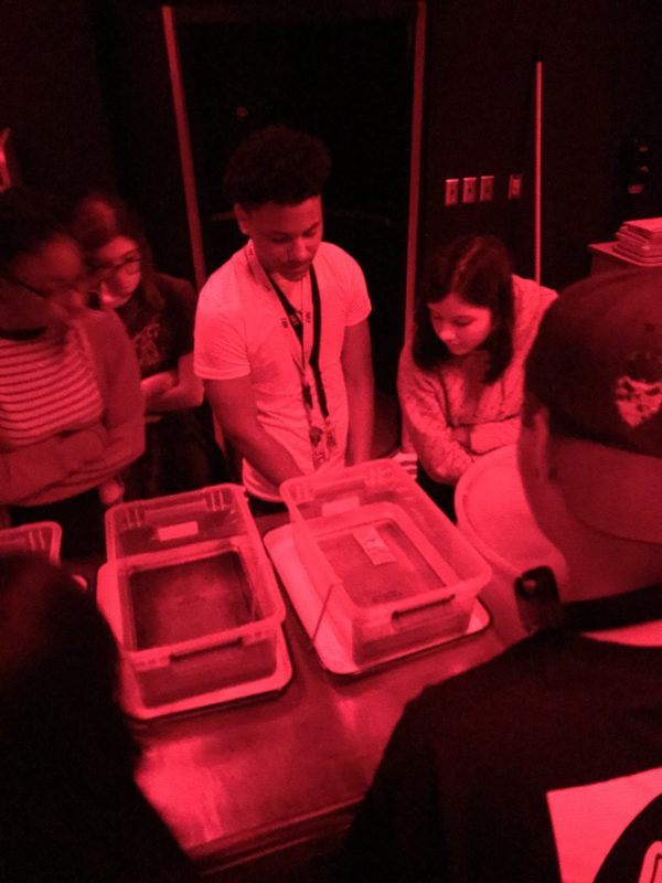 Students standing a glowing red dark room looking over photographs developing in buckets