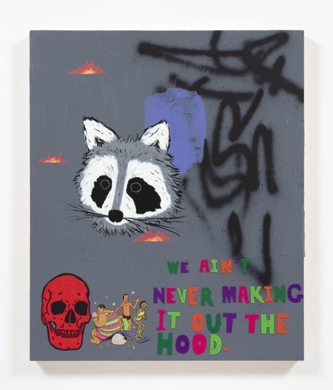 Gray background with black spray paint marks on the right, a blue mark over top, a raccoon head in the center. A red scull is in the bottom left next to three people wearing bathing suits. Colorful letters spell out, "WE AIN'T NEVER MAKING IT OUT THE HOOD," in the bottom right.