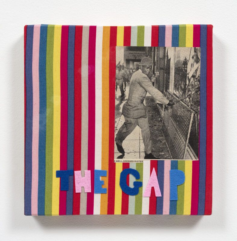 Collage with different color striped, fabric pieces as the background, a black and white image of a black man to the right and the phrase "THE GAP" on the bottom.