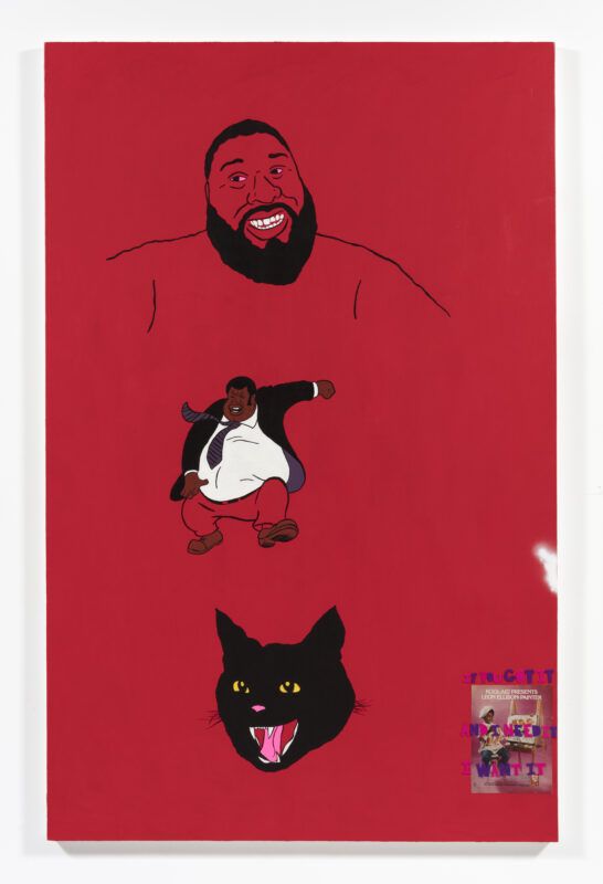 David Leggett collage: red background drawings of an outline of a black male with beard and teeth, and other man in suit and tie with red pants, a black cat and a post in the far right bottom.