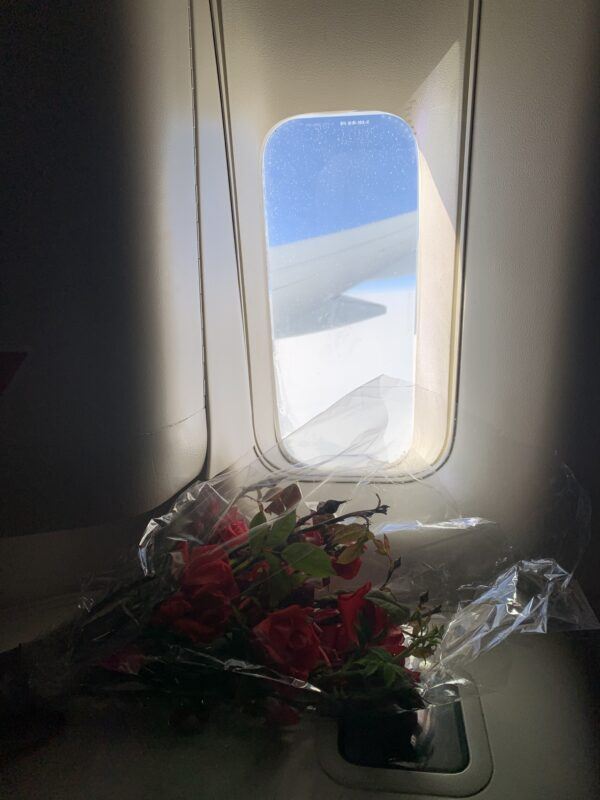 View of an airplane window with a bouqet of roses in plastic arraned underneath it.