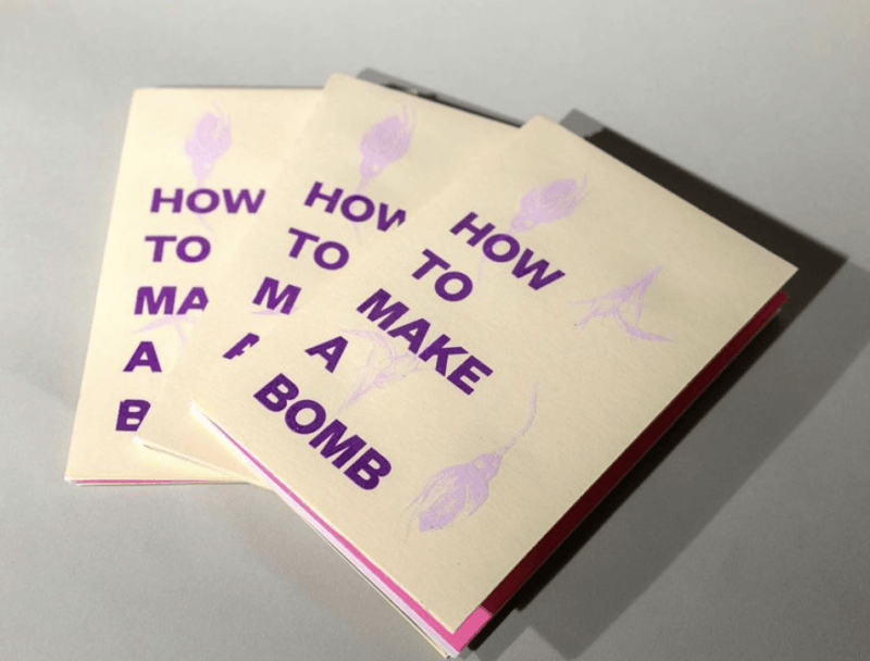 "How to Make A Bomb" pamphlets with purple text arranged on a table.