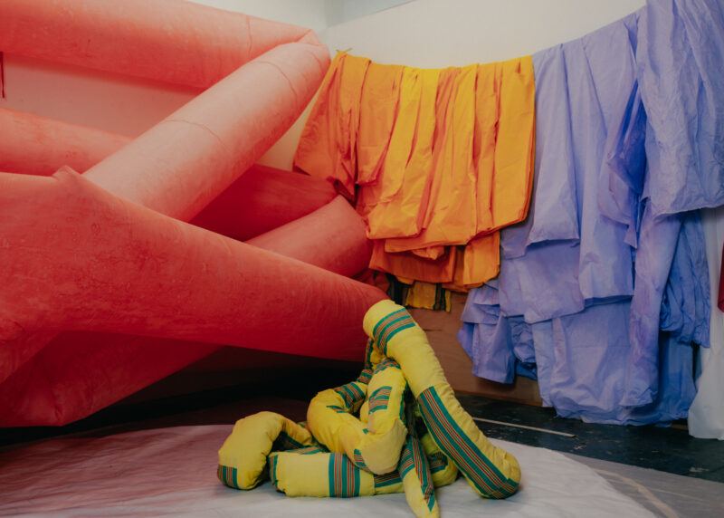 A colorful fabric installation in Tamar Ettun's studio.