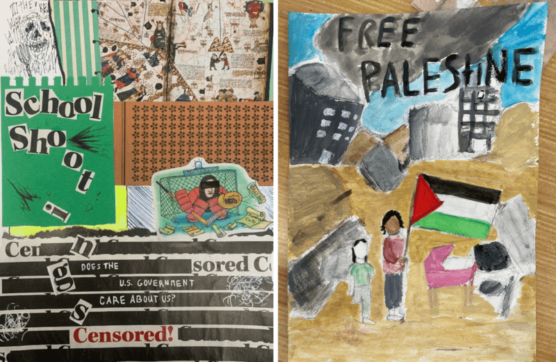 On the left, a collage of images with the letters of "School Shootings" falling down the page. On the right, a drawing of a person holding a Palestinian flag with the words "Free Palestine" above crumbled buildings.