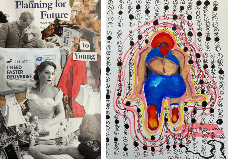 On the left, a collage of images of women with the words "Planning for Future" and "to Young" pasted over them. On the right, a drawing of a a track runner against a background of multiple choice circles from standardized tests.