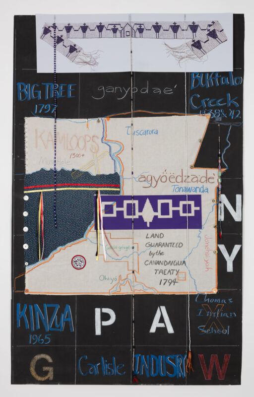 Land Guaranteed by Canandaigua Treaty, 2021 Treaty Cloth, Heavy Weight Paper, Calico Beads, Ribbon, Colored Pencil, Heat Transferred Image, Buttons 81 × 50 in (205.74 × 127 cm) Image courtesy of Forge Project Collection, traditional lands of the Moh-He-Con-Nuck.