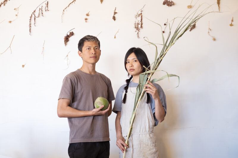 Two people stand against a wall decorated with dried plants. One holds a green fruit, the other holds long grasses.