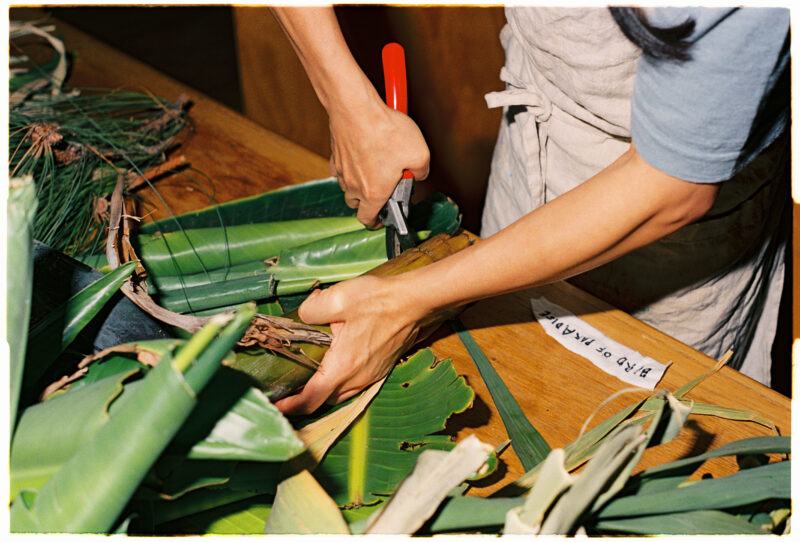 Person using scissors to cut a cluster of green banana leaves on a wooden table.