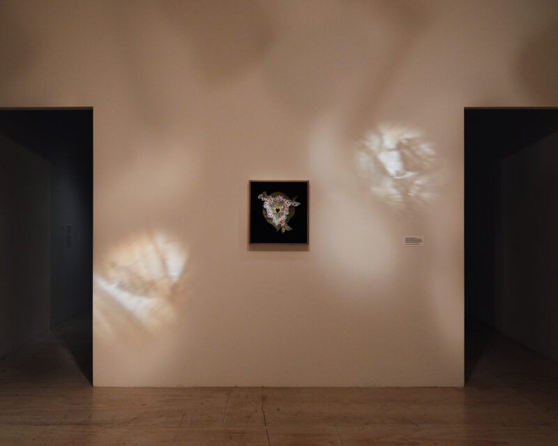 Art installation with a single artwork centered on a wall, with two open door ways on either side. Light patterns cast on the wall.