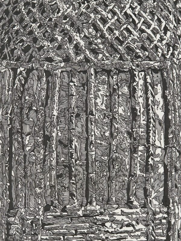 Detail of an intricate black and white drawing of detailed textures throughout.