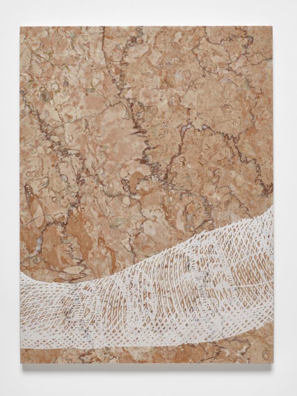 A beige and brown marbled surface features a white, intricate arm.