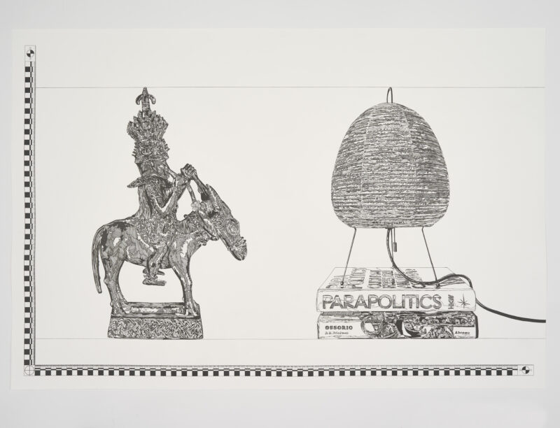 A drawing depicts a statue of a warrior on a horse on the left and a beehive lamp on a stack of books labeled "PARAPOLITICS" and "OSSORIO" on the right. A checkered border runs along the bottom and left side.