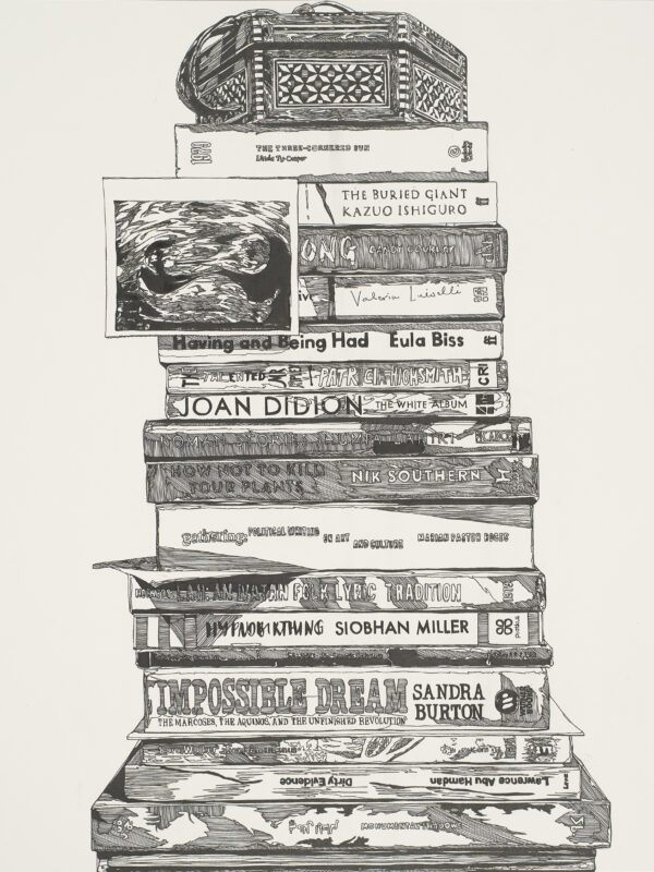 Detail of a monochrome illustration of a stack of books with various titles, topped by a decorative box.