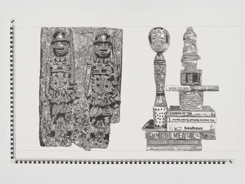 Black and white illustration of featuring two carved figures on the left, and various detailed objects and books with ornate patterns stacked together on the right. A checkered border runs along the bottom and left side.