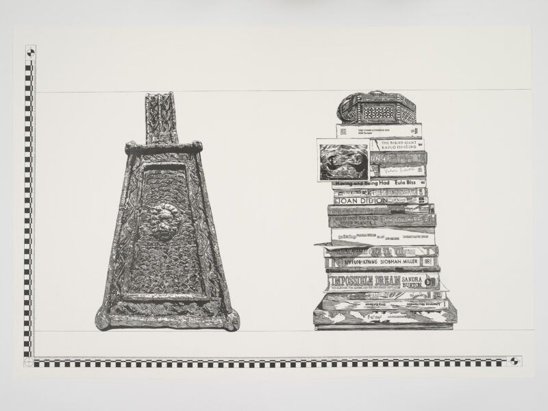 Detailed illustration of a sculpture on the next to a stack of books with various titles, topped by a decorative box. A small checkered pattern borders the left and bottom edges. checkered border runs along the bottom and left side.