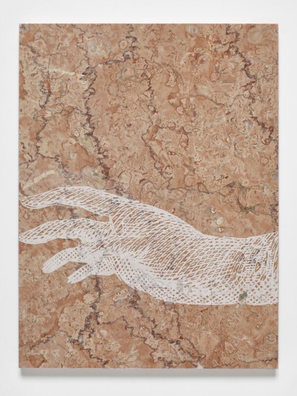 A beige and brown marbled surface features a white, intricate hand with outstretched fingers.