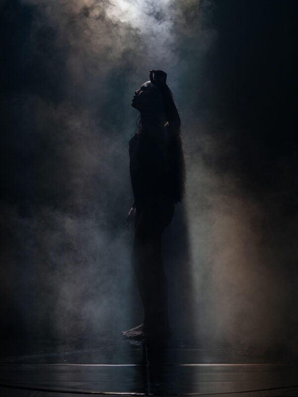 Silhouette of a person standing in a spotlight surrounded by smoke or mist on a dark stage.