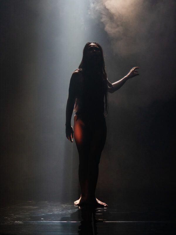 Silhouetted person standing under a spotlight on a dark, smoky stage with one arm raised.