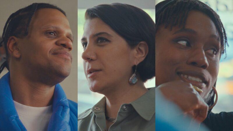 Three people are having a conversation indoors, shown in a split-screen format; each person is looking at someone off camera.
