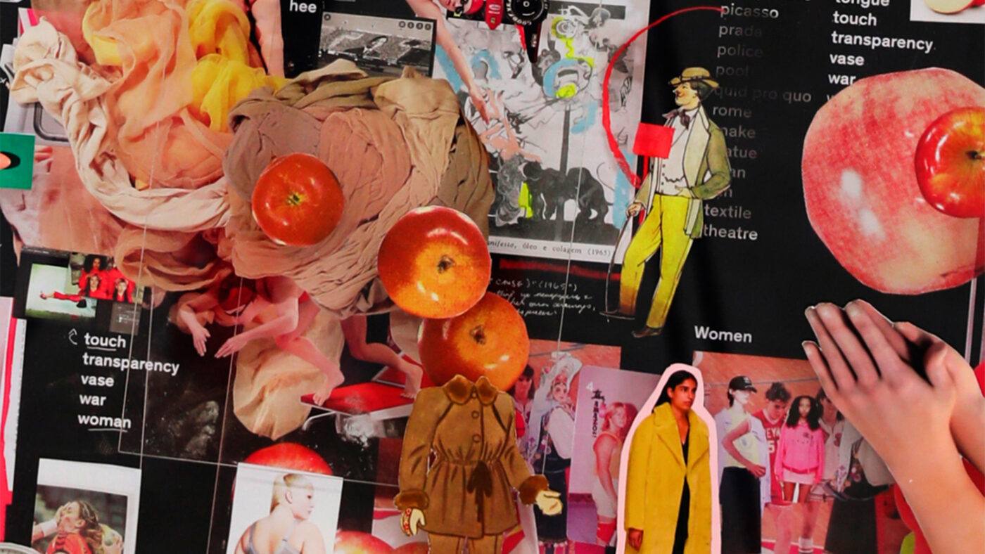 A collage featuring apples, cut-out figures in coats, fabric, and hands over a background of fashion photos and text related to transparency, women, and theatre.