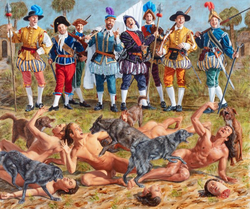 A painting of a group of colorful elaborately dressed soldiers stands in the background while several unclothed people are attacked by dogs on the ground in the foreground.