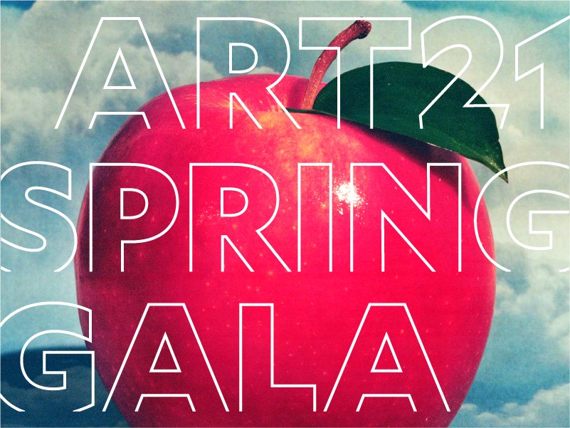 A large red apple with a green leaf against a cloudy sky background. Overlaid white text reads ART21 SPRING GALA.
