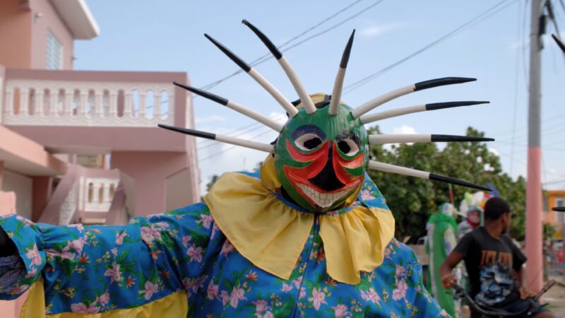 Person in a colorful floral costume and spiked mask participates in a street festival; houses and other people can be seen in the background.
