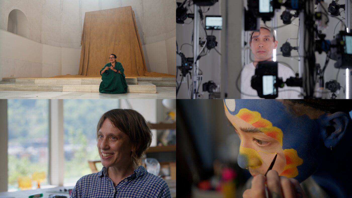 A collage of four artists: a woman sits on marble steps, a man is scanned by cameras, a smiling woman in a kitchen, and someone with face paint being applied.