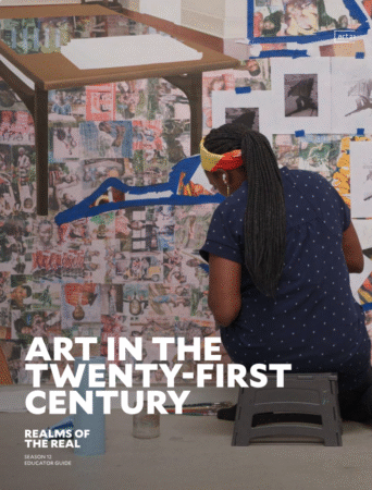 A person sits on a stool, working on a collage art piece on a wall covered with images and sketches. The text reads “Art in the Twenty-First Century: Realms of the Real, Season 12 Educator Guide.”