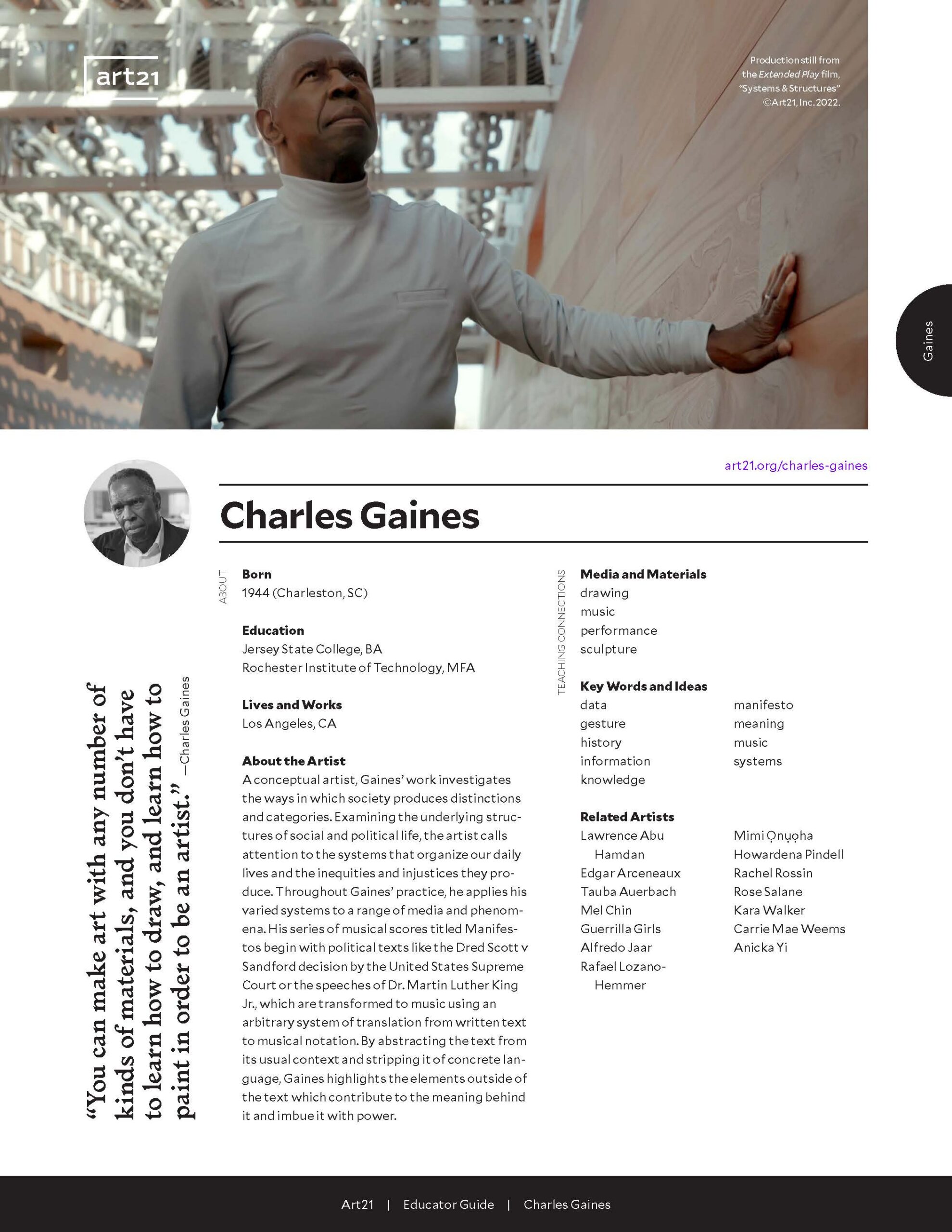 Cover for Charles Gaines Educator Guide.