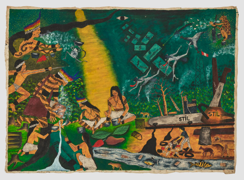A vibrant painting shows Indigenous people, animals, and nature on one side, contrasted with logging, pollution, and machines on the other, divided by a beam of light.