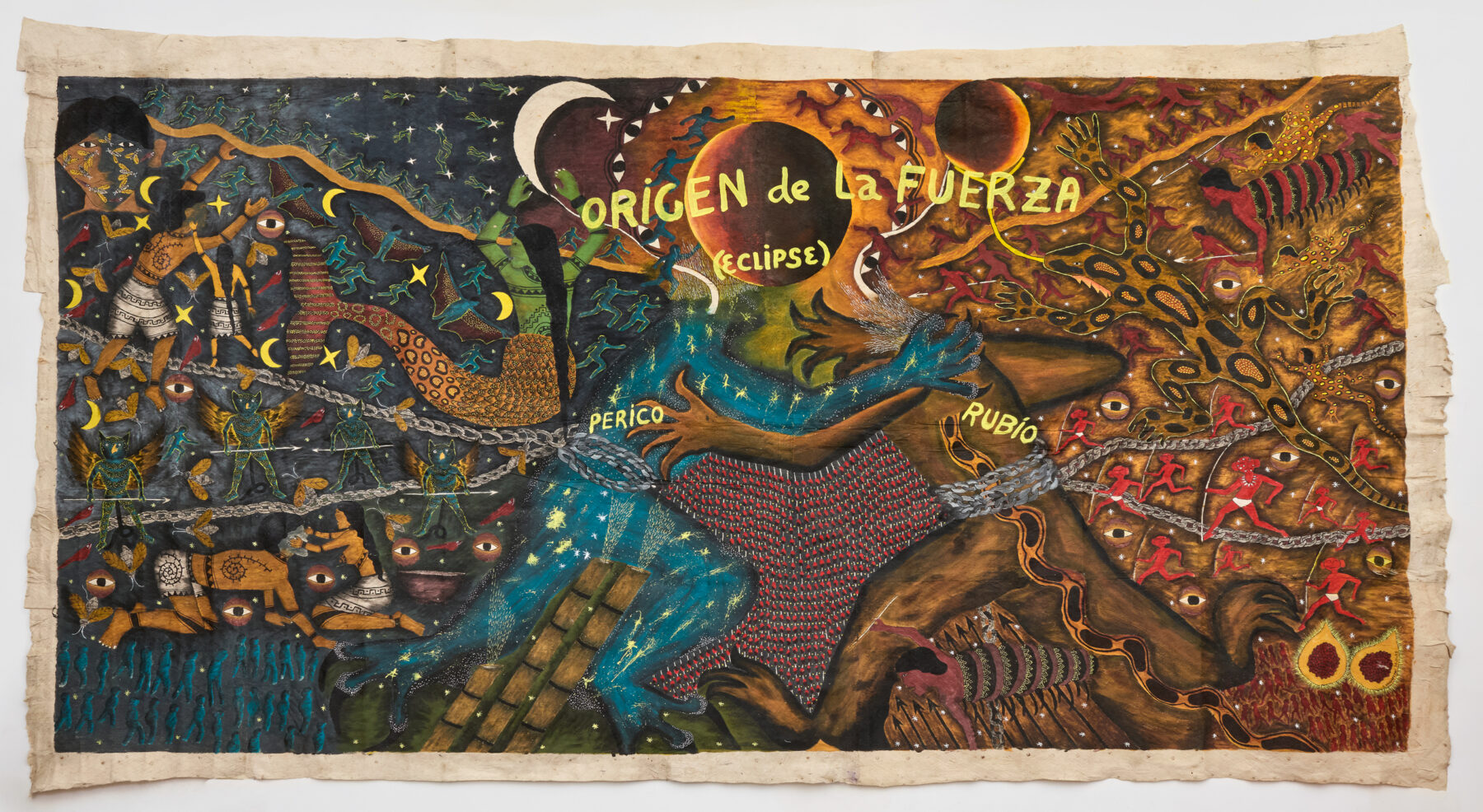 Colorful, surreal painting titled "Origen de la Fuerza (Eclipse)" with abstract animals, celestial motifs, and intertwined figures against a vibrant, chaotic background.