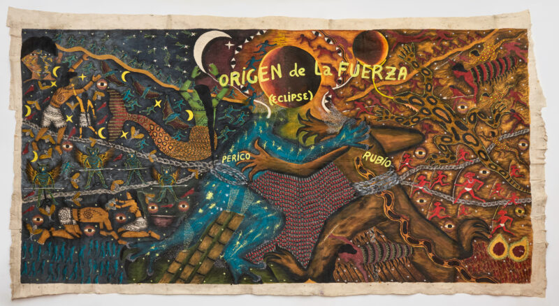 Colorful, surreal painting titled "Origen de la Fuerza (Eclipse)" with abstract animals, celestial motifs, and intertwined figures against a vibrant, chaotic background.