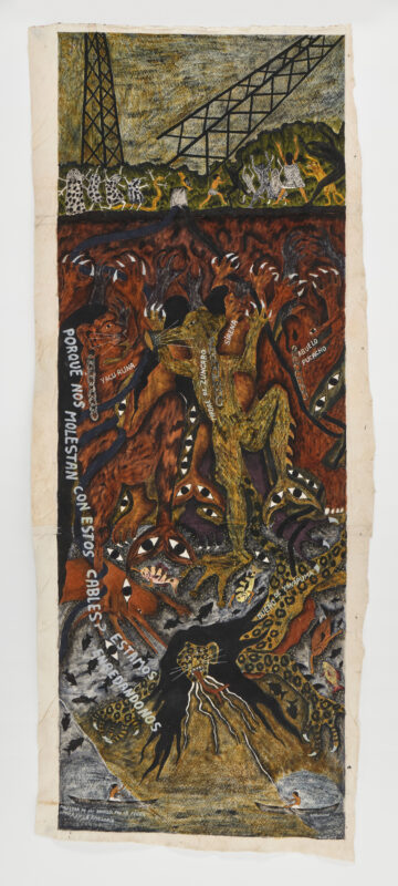 Textile artwork depicting a chaotic scene with figures, snakes, and flames, overlaid with phrases including "Porque nos molestan con estos cables?" and an electric tower at the top.