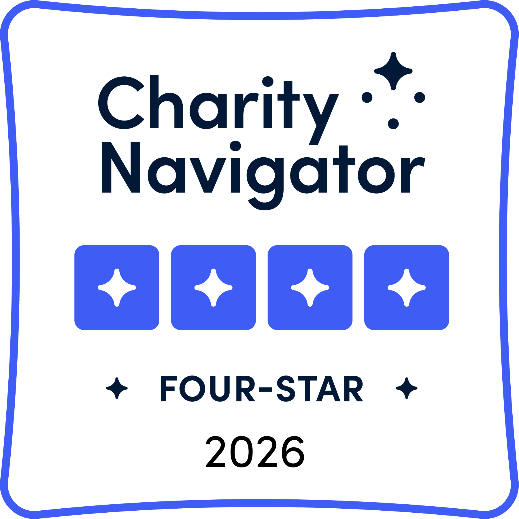 Charity Navigator badge showing a four-star rating with four blue stars and the text Four-Star 2026.
