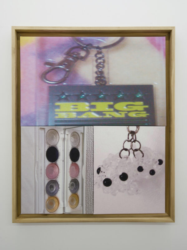 Framed collage featuring a Big Bang keychain, a eyeshadow palette, and a close-up of a beaded keychain with black and clear beads.