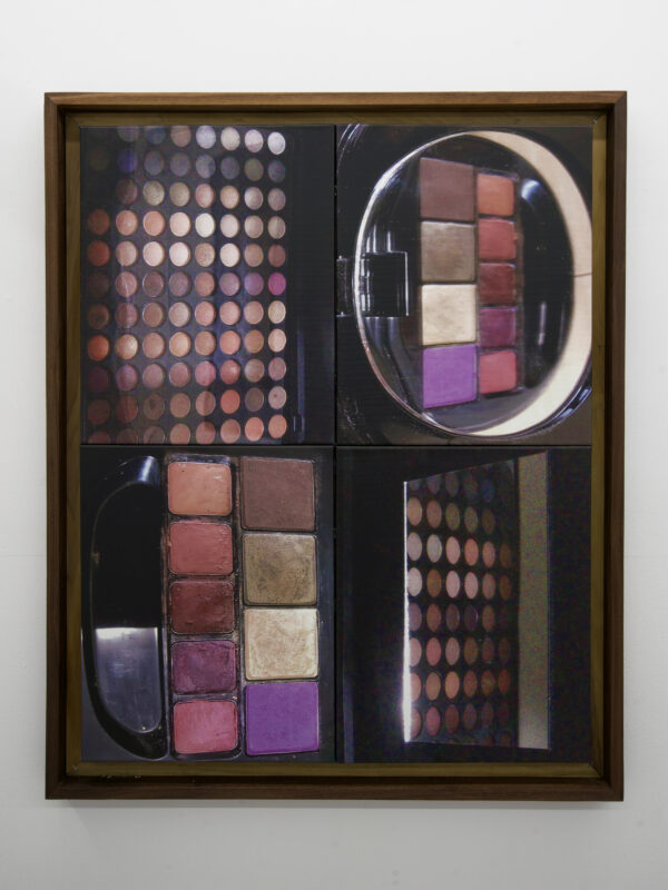 Framed artwork displays four close-up photos of makeup palettes, showing various shades of eyeshadow arranged in grids and circular pans.