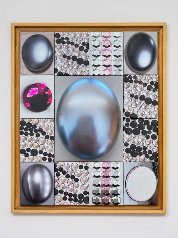 Framed collage featuring a large central oval gem, surrounded by smaller images of pearls, gemstones, geometric patterns, and various shiny stones.