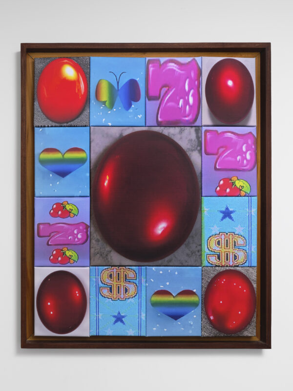 A framed artwork features red spheres, a butterfly, rainbow hearts, pink “7” text, cherries, blue stars, and gold dollar signs arranged in a grid pattern.