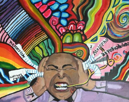 A painting of a person holding their head with a pained expression, surrounded by abstract, colorful shapes and words including “nemesis,” “frustration,” and “atelophobia.”
